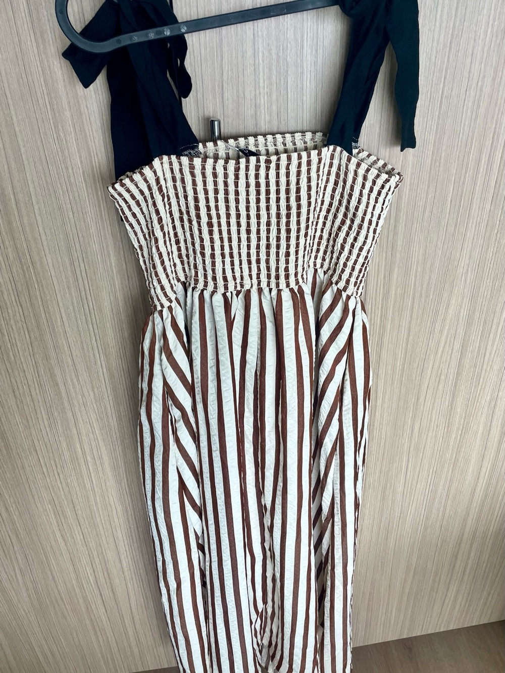Brown & Cream Smocked Striped Midi Dress - Picture 3 of 5